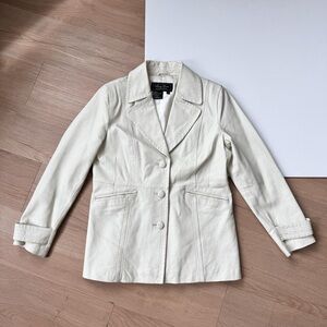 Vintage White Leather Jacket Medium Button Up 90s Chic Minimal